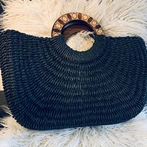 Black Straw Handbag : Wooden handle